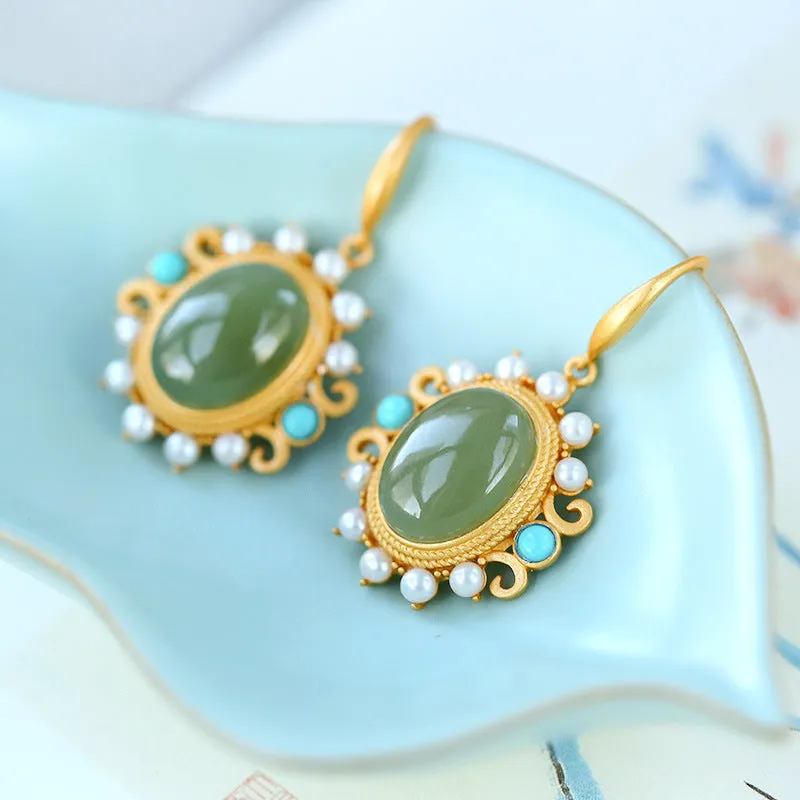 Natural Jade Earrings Nephrite Turquoise Pearl Silver Earrings ZNE118