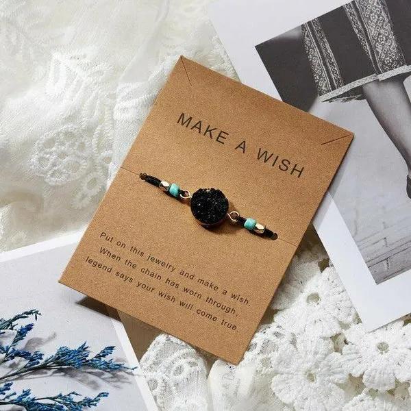 Natural Stone Black Braid Make A Wish Card Bracelet