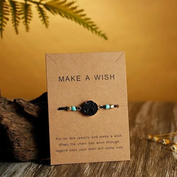 Natural Stone Black Braid Make A Wish Card Bracelet