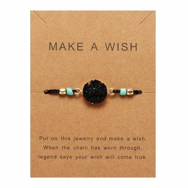 Natural Stone Black Braid Make A Wish Card Bracelet