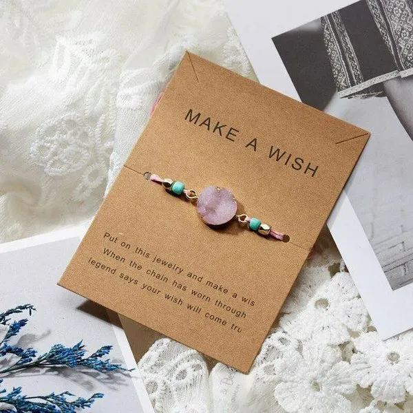 Natural Stone Pink Druzy Braid Make A Wish Card Bracelet