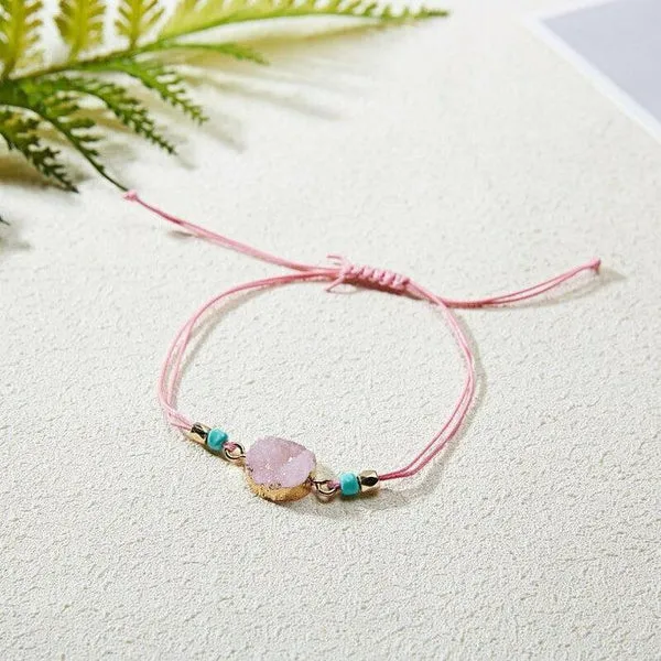 Natural Stone Pink Druzy Braid Make A Wish Card Bracelet