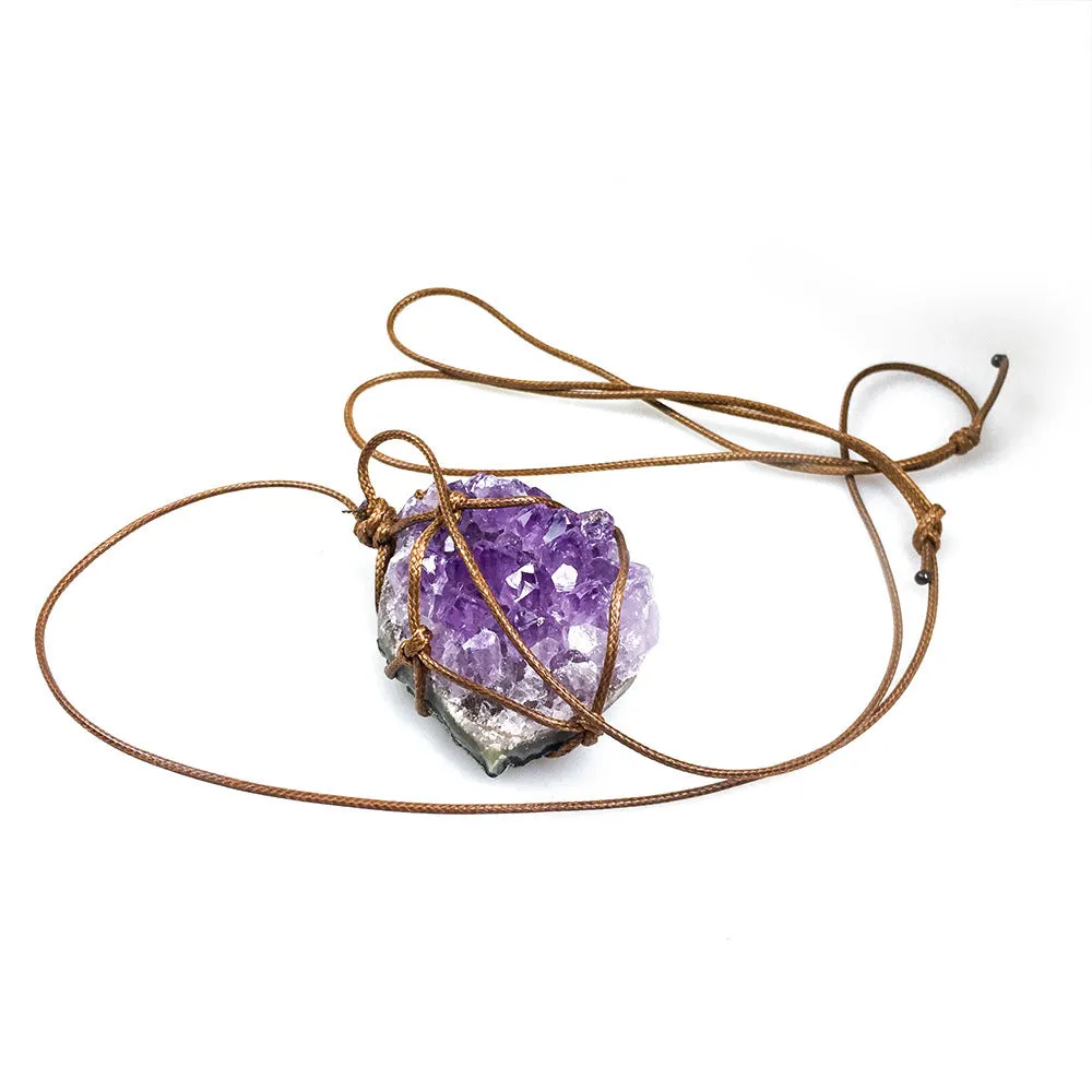 Natural Uruguay Amethyst Cluster Rough Stone Pendant Amethyst Rough Stone Woven Necklace