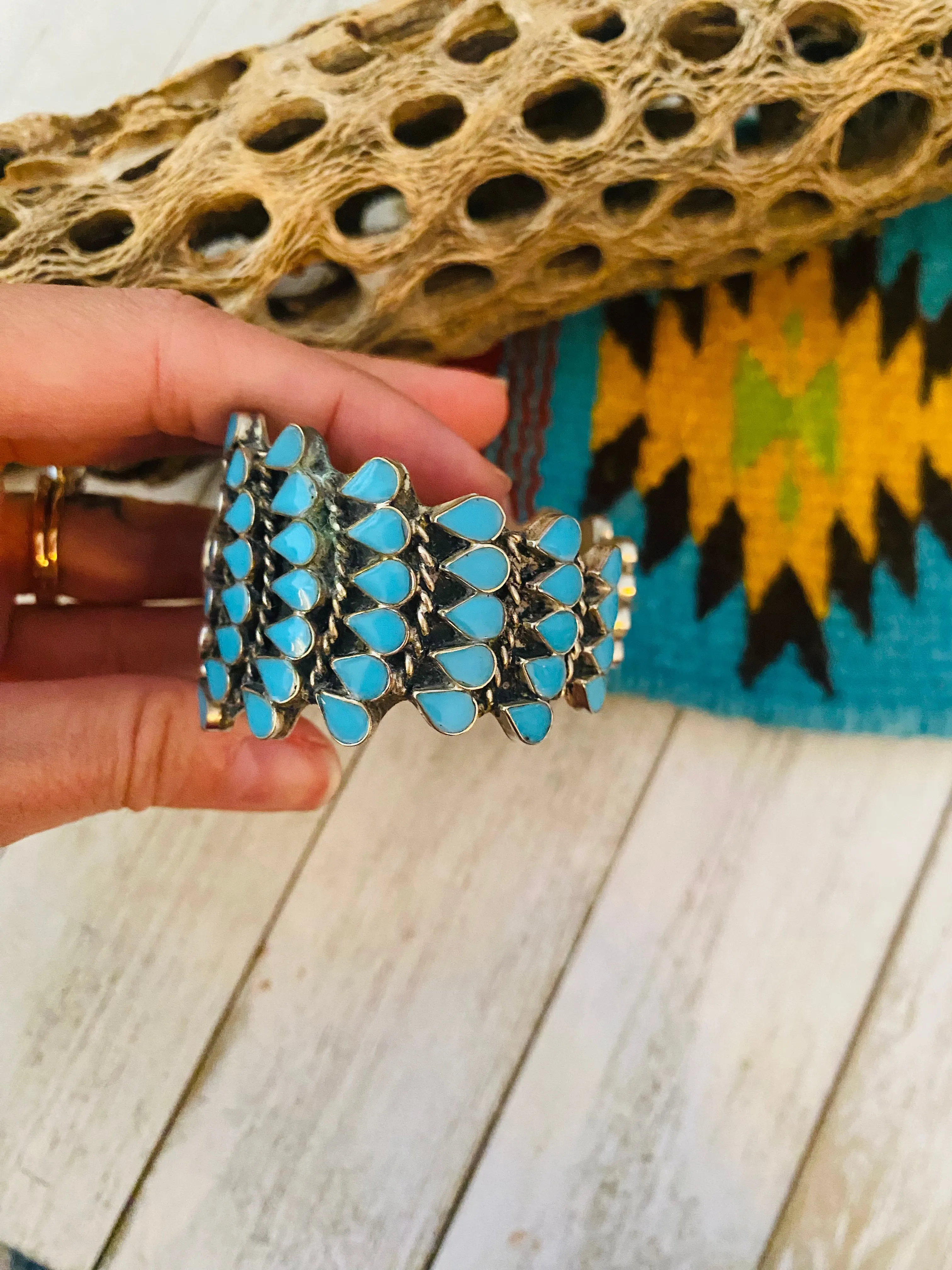 Navajo Old Pawn Vintage Turquoise & Sterling Silver Cluster Cuff Bracelet