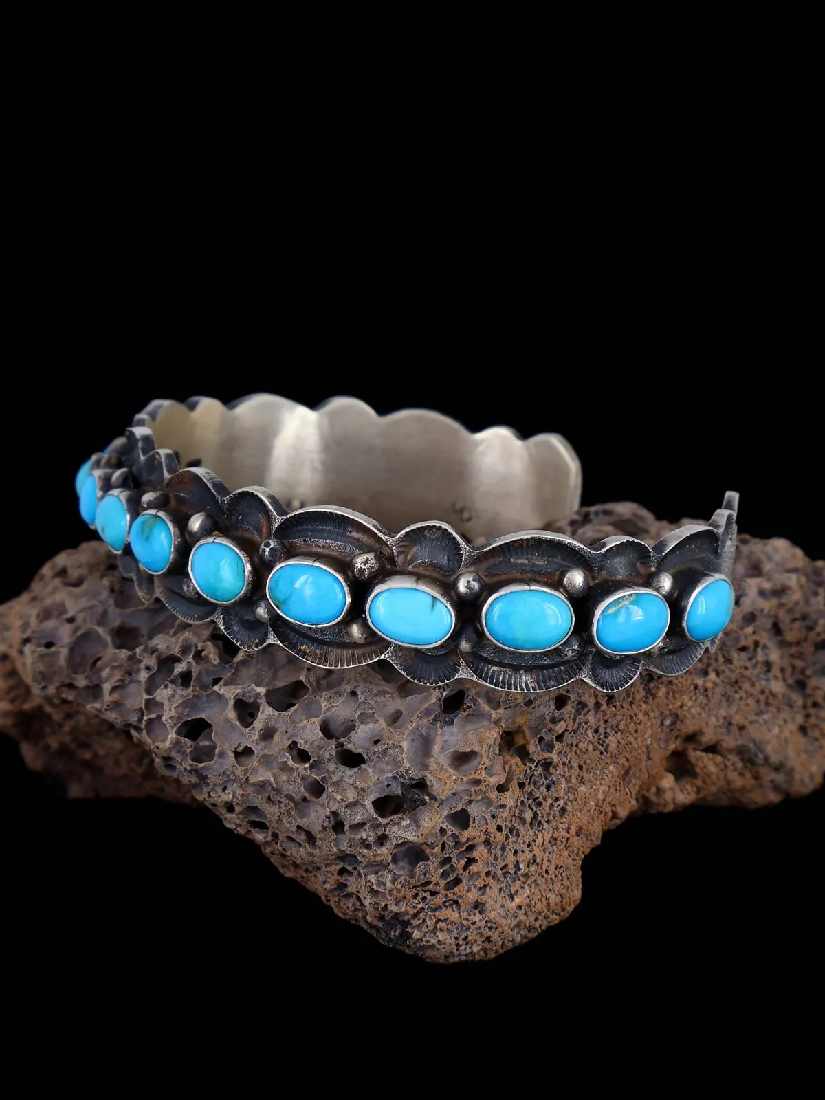 Navajo Sleeping Beauty Turquoise Row Sterling Silver Cuff Bracelet