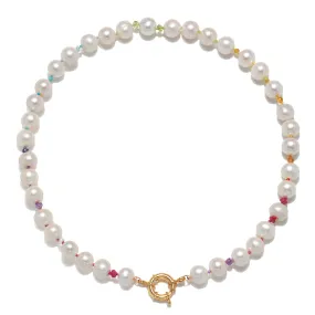 New! Freshwater Pearl & Rainbow Gemstone Knotted Necklace