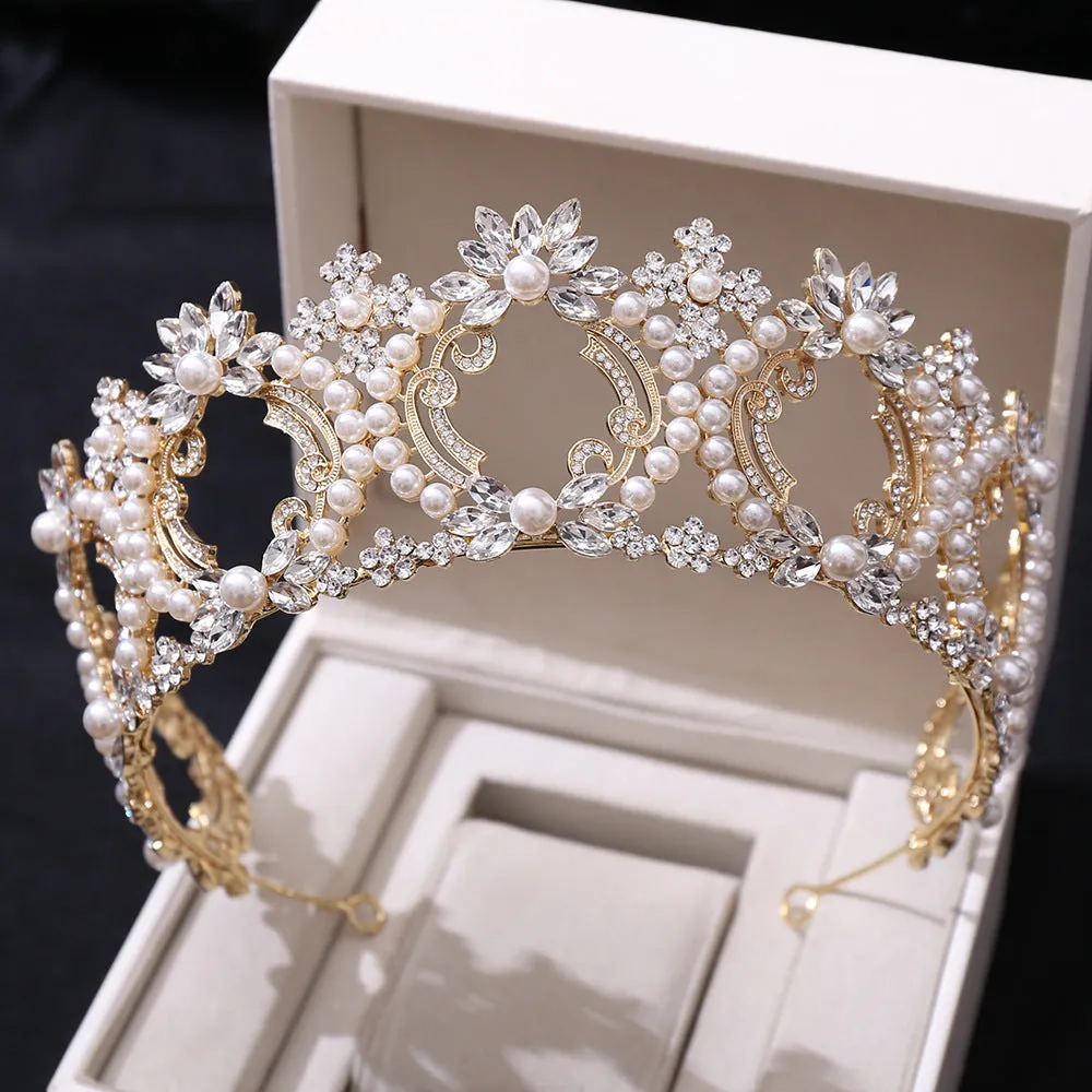 New style pearl large crown bridal wedding headdress European and American atmospheric crown full