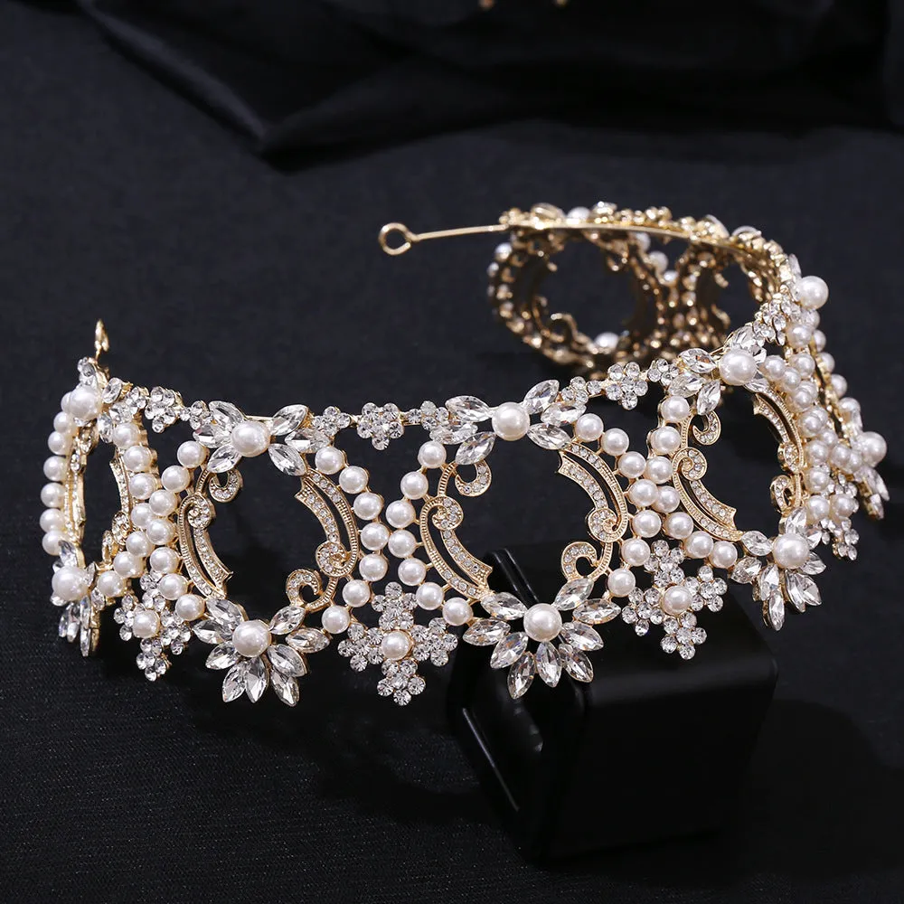 New style pearl large crown bridal wedding headdress European and American atmospheric crown full