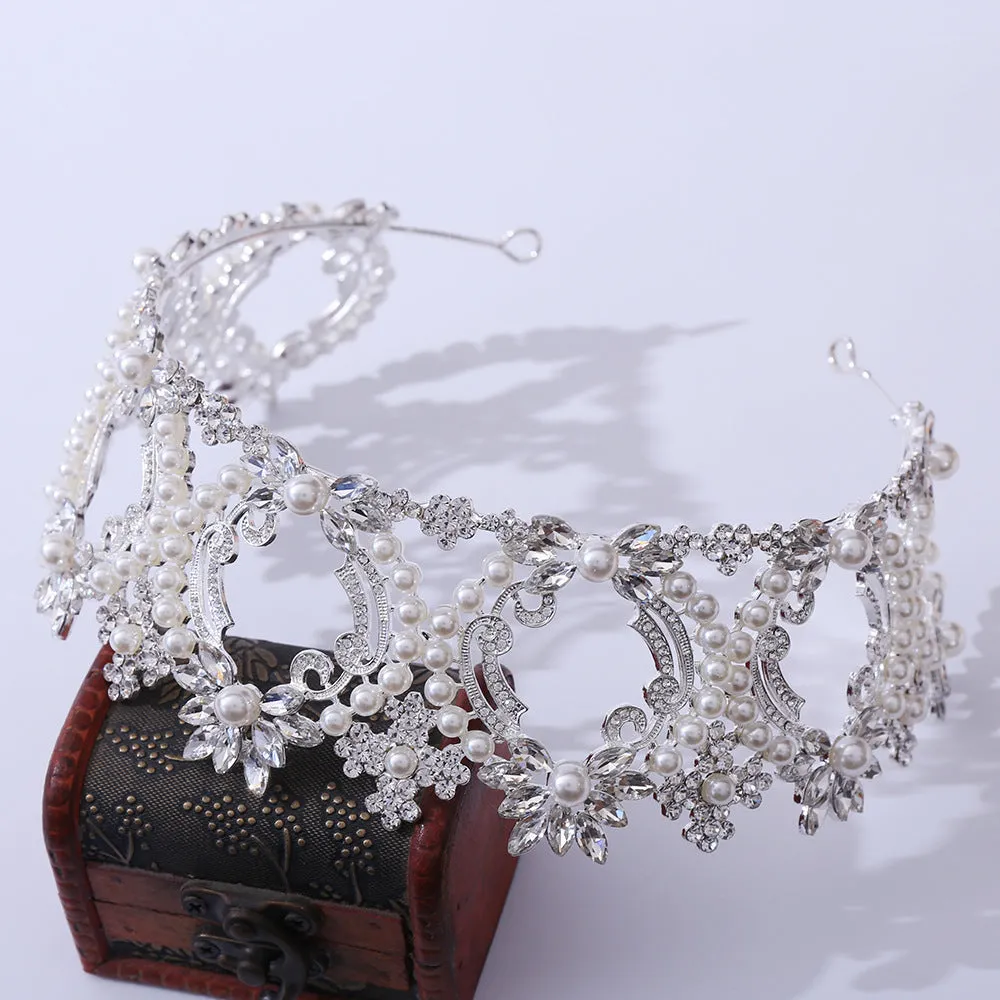 New style pearl large crown bridal wedding headdress European and American atmospheric crown full