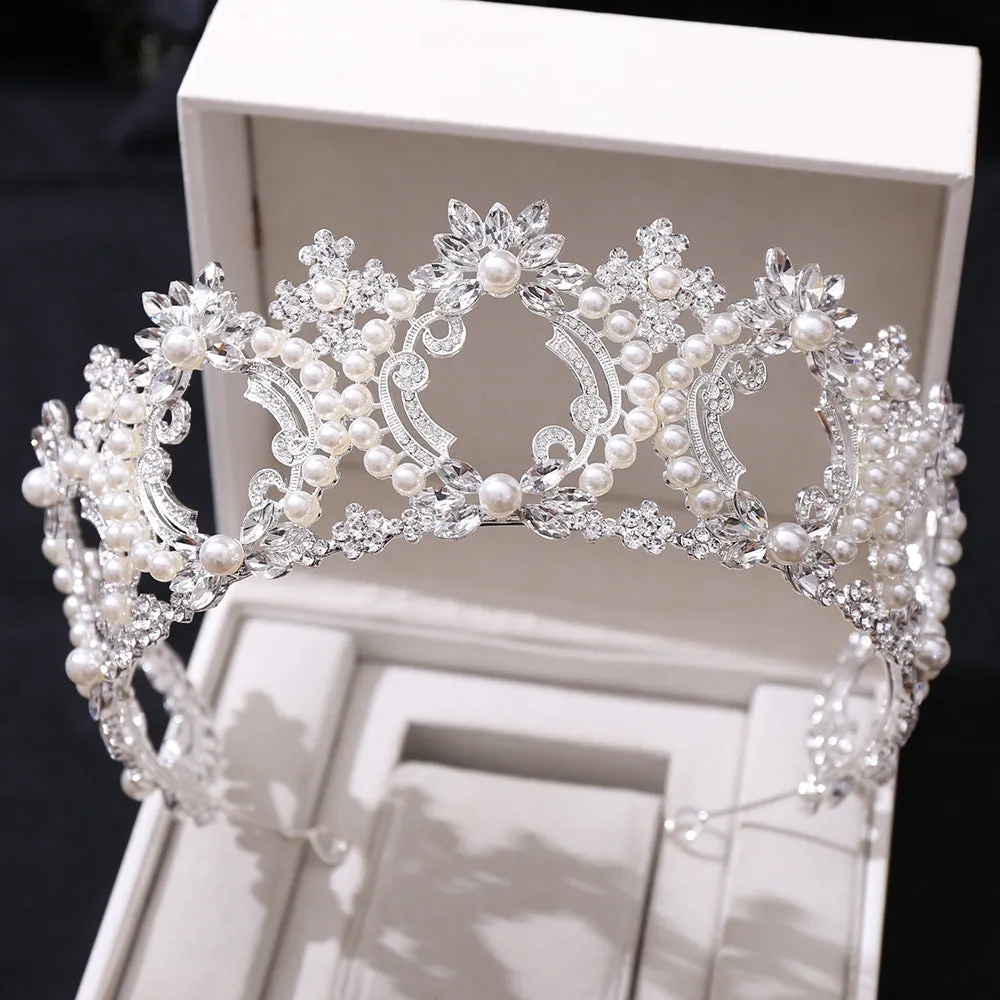 New style pearl large crown bridal wedding headdress European and American atmospheric crown full