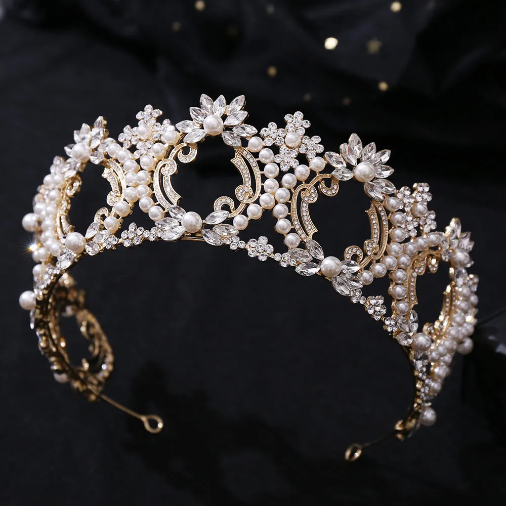 New style pearl large crown bridal wedding headdress European and American atmospheric crown full