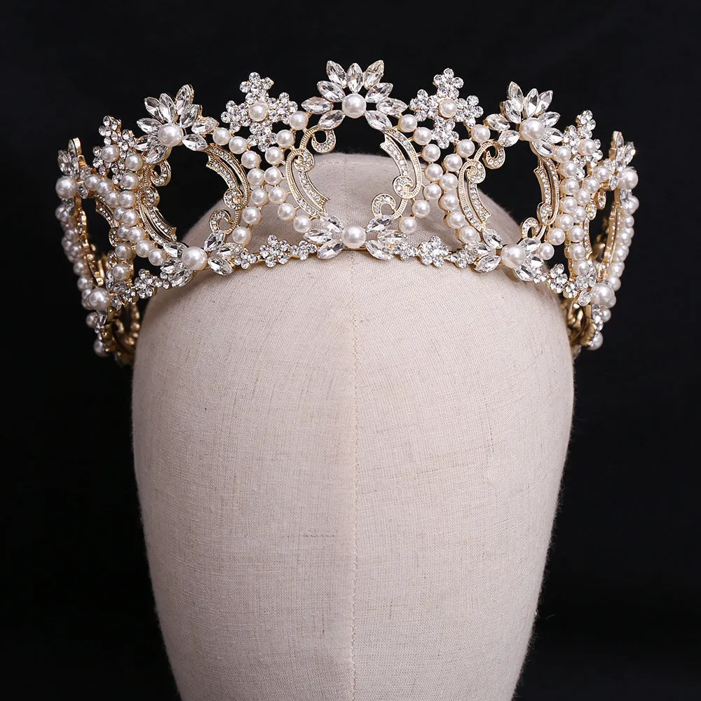 New style pearl large crown bridal wedding headdress European and American atmospheric crown full