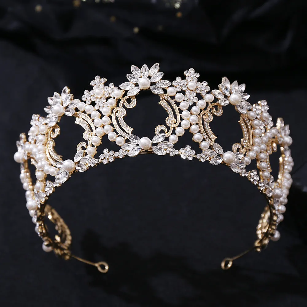 New style pearl large crown bridal wedding headdress European and American atmospheric crown full