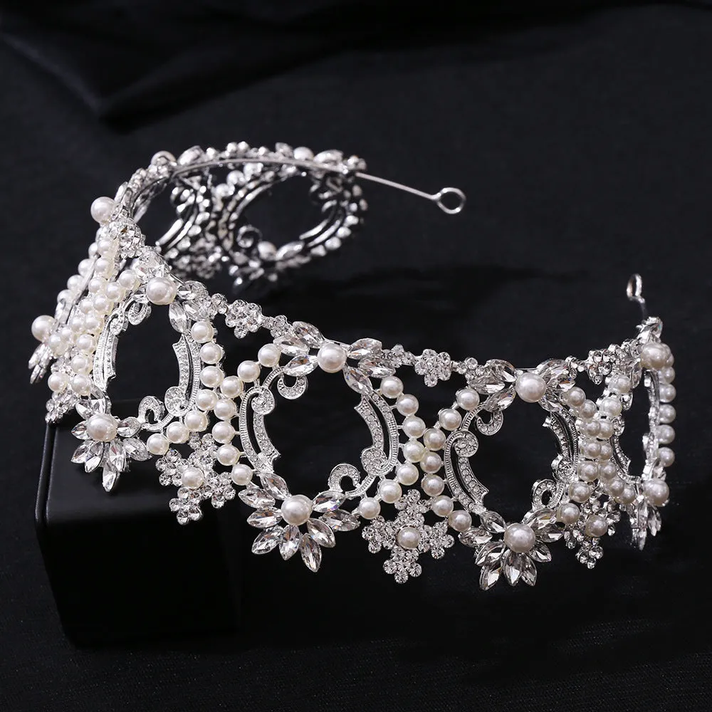 New style pearl large crown bridal wedding headdress European and American atmospheric crown full