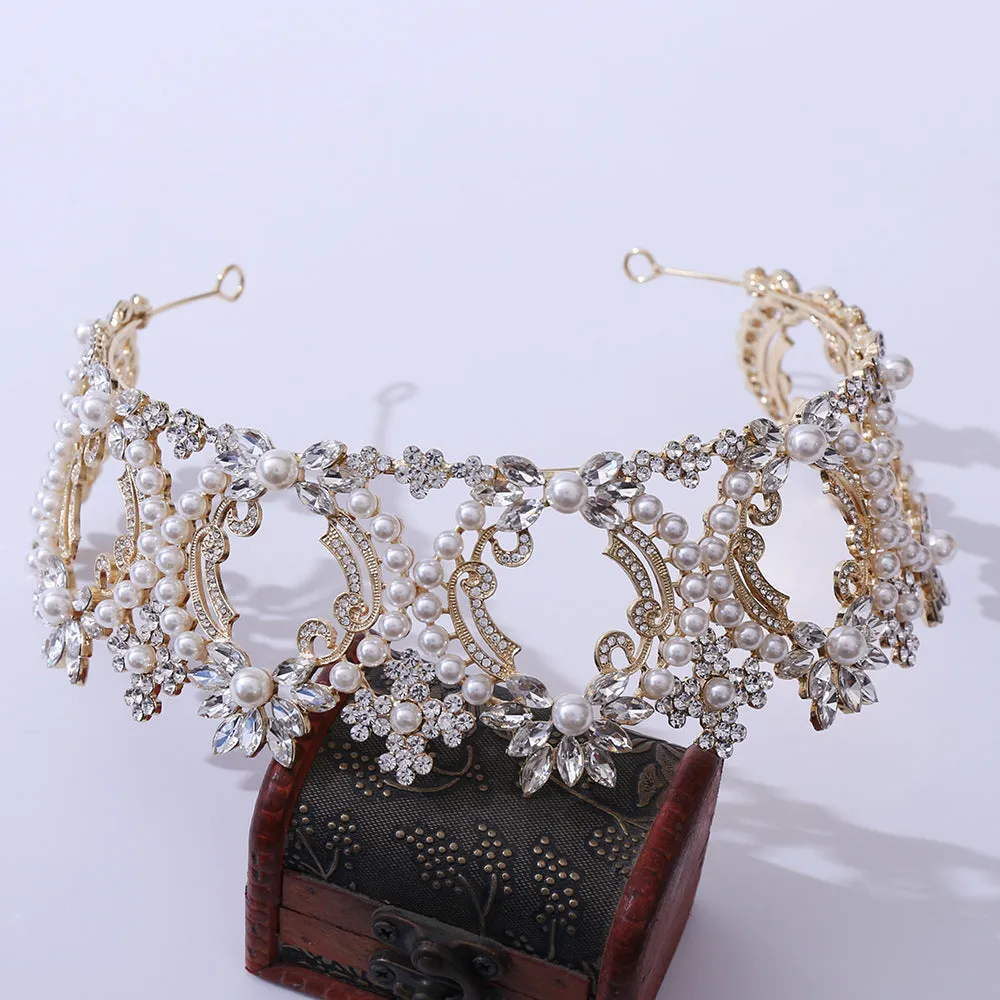 New style pearl large crown bridal wedding headdress European and American atmospheric crown full