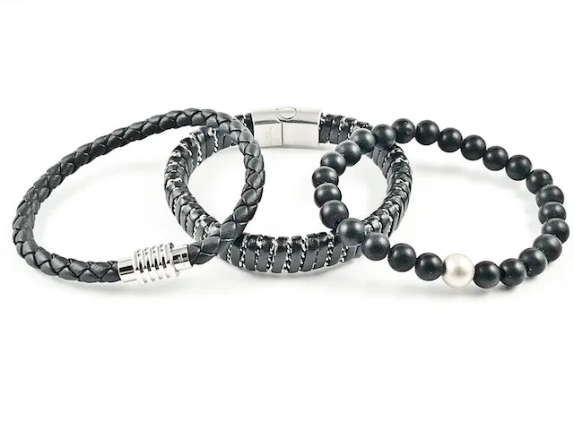 Nice Mix Design 3 Piece Set Leather & Ball Beads Black Men Steel Bracelet