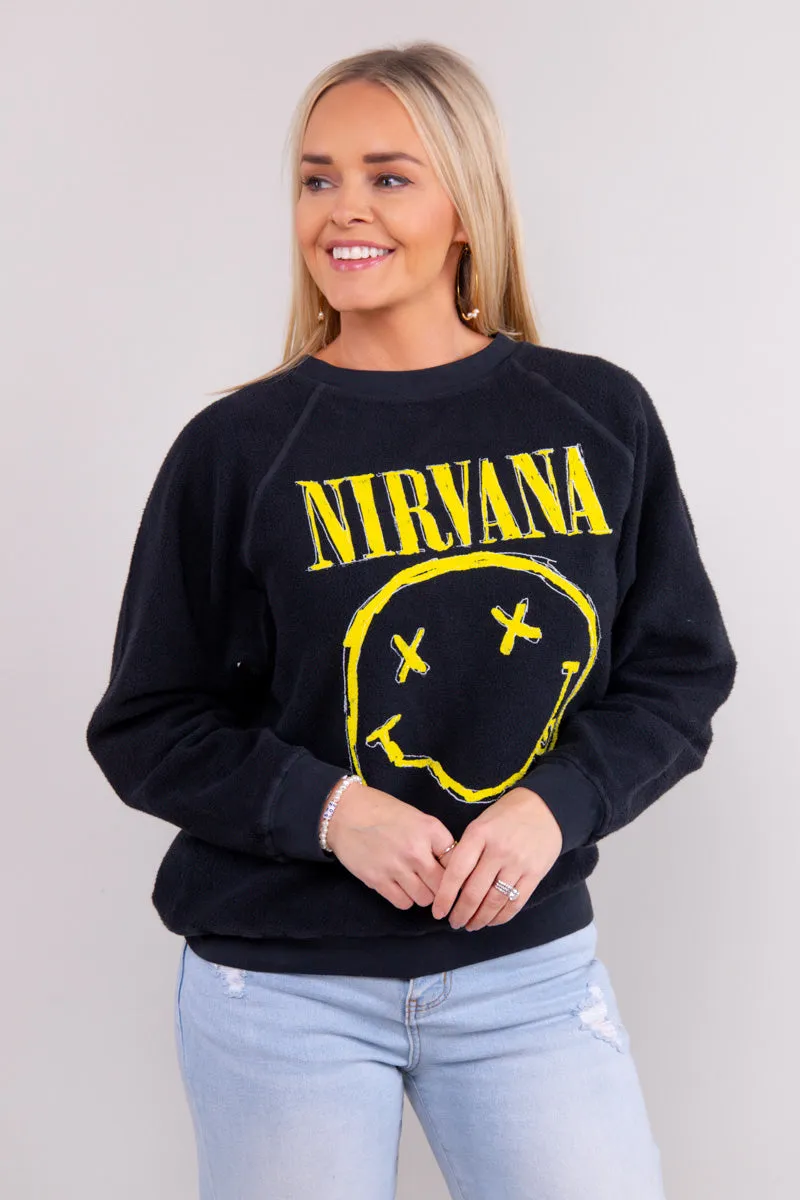 Nirvana Smiley Reverse Raglan Crew In Black Onyx - FINAL SALE