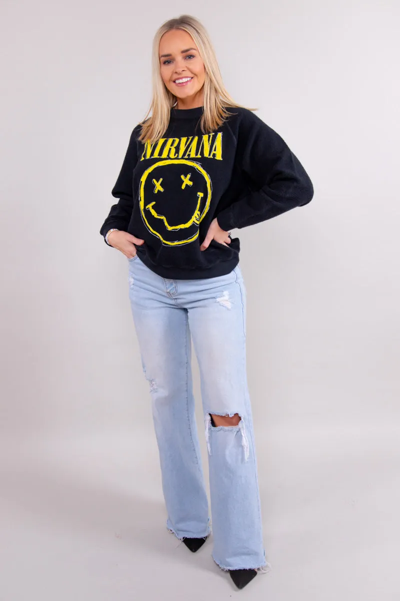 Nirvana Smiley Reverse Raglan Crew In Black Onyx - FINAL SALE