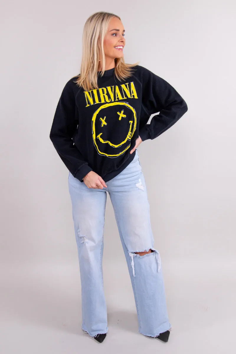 Nirvana Smiley Reverse Raglan Crew In Black Onyx - FINAL SALE