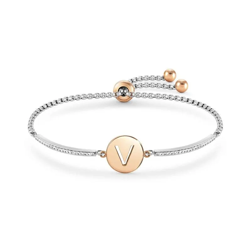 Nomination Milleluci Bracelet, Letter V, Crystal Pave, Rose PVD, Stainless Steel