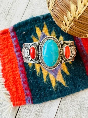 Old Pawn Navajo Sterling Silver, Turquoise & Coral Cuff Bracelet