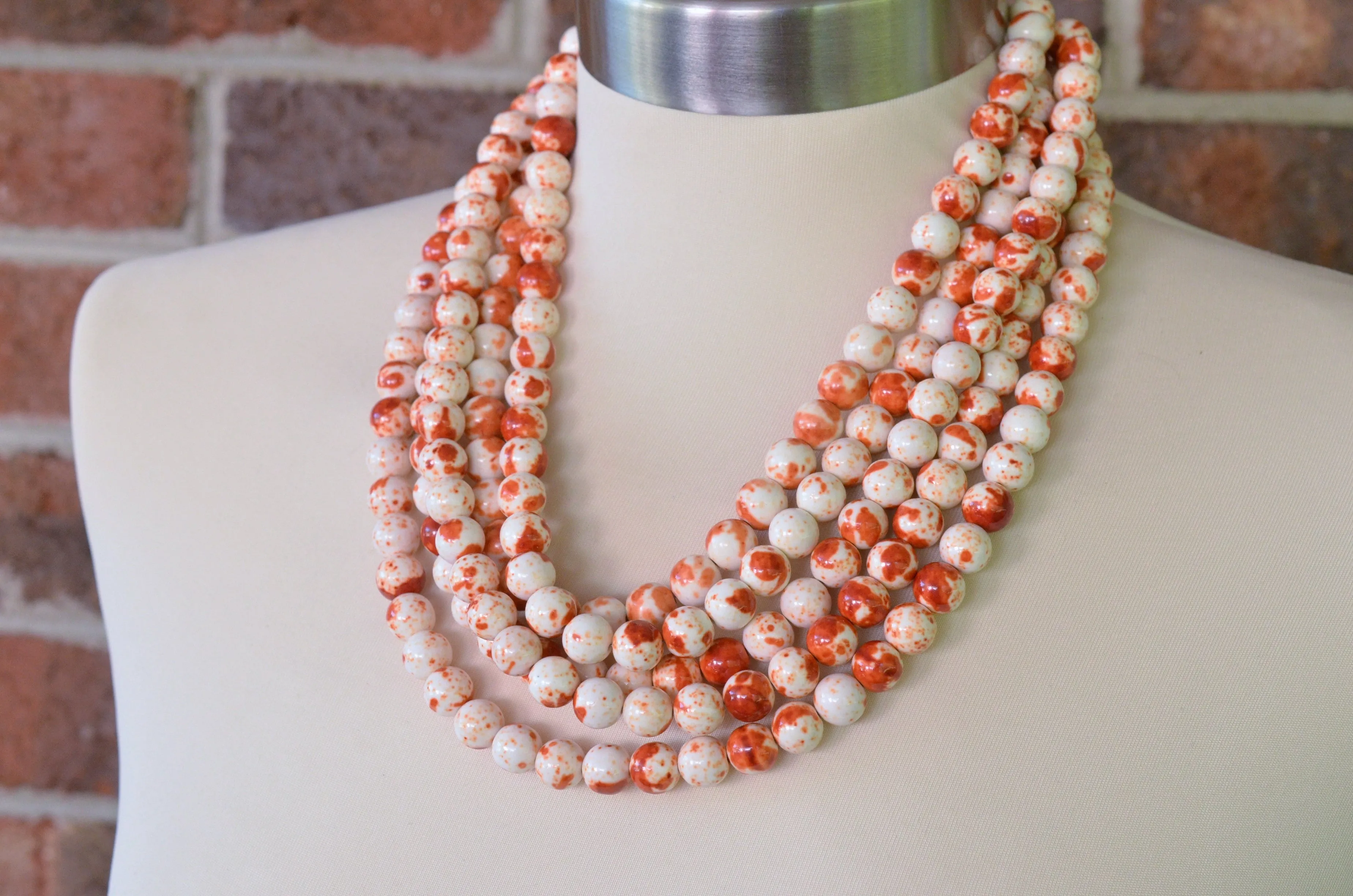 Orange White Statement Beaded Chunky Multi Strand Stone Necklace - Alana