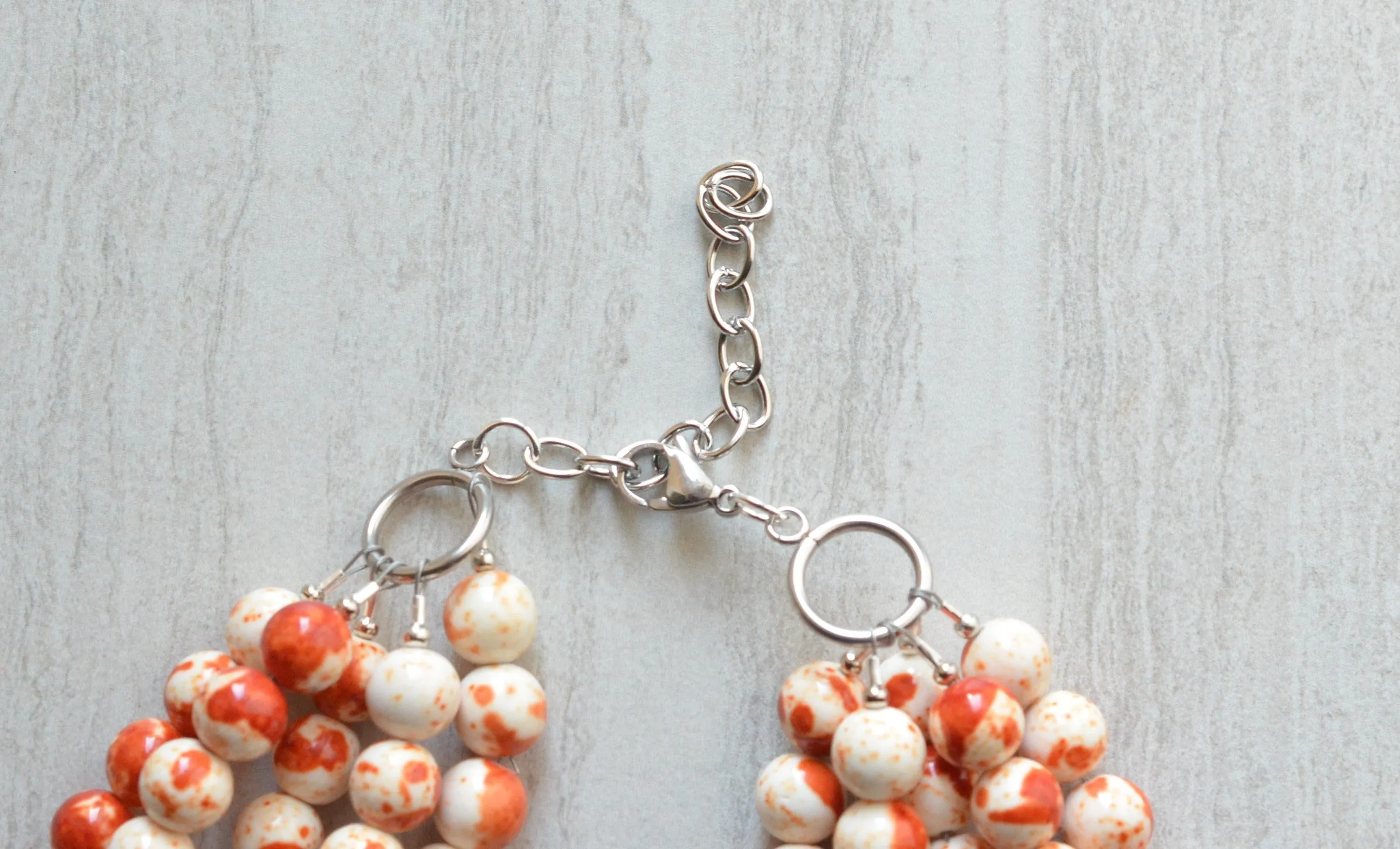 Orange White Statement Beaded Chunky Multi Strand Stone Necklace - Alana