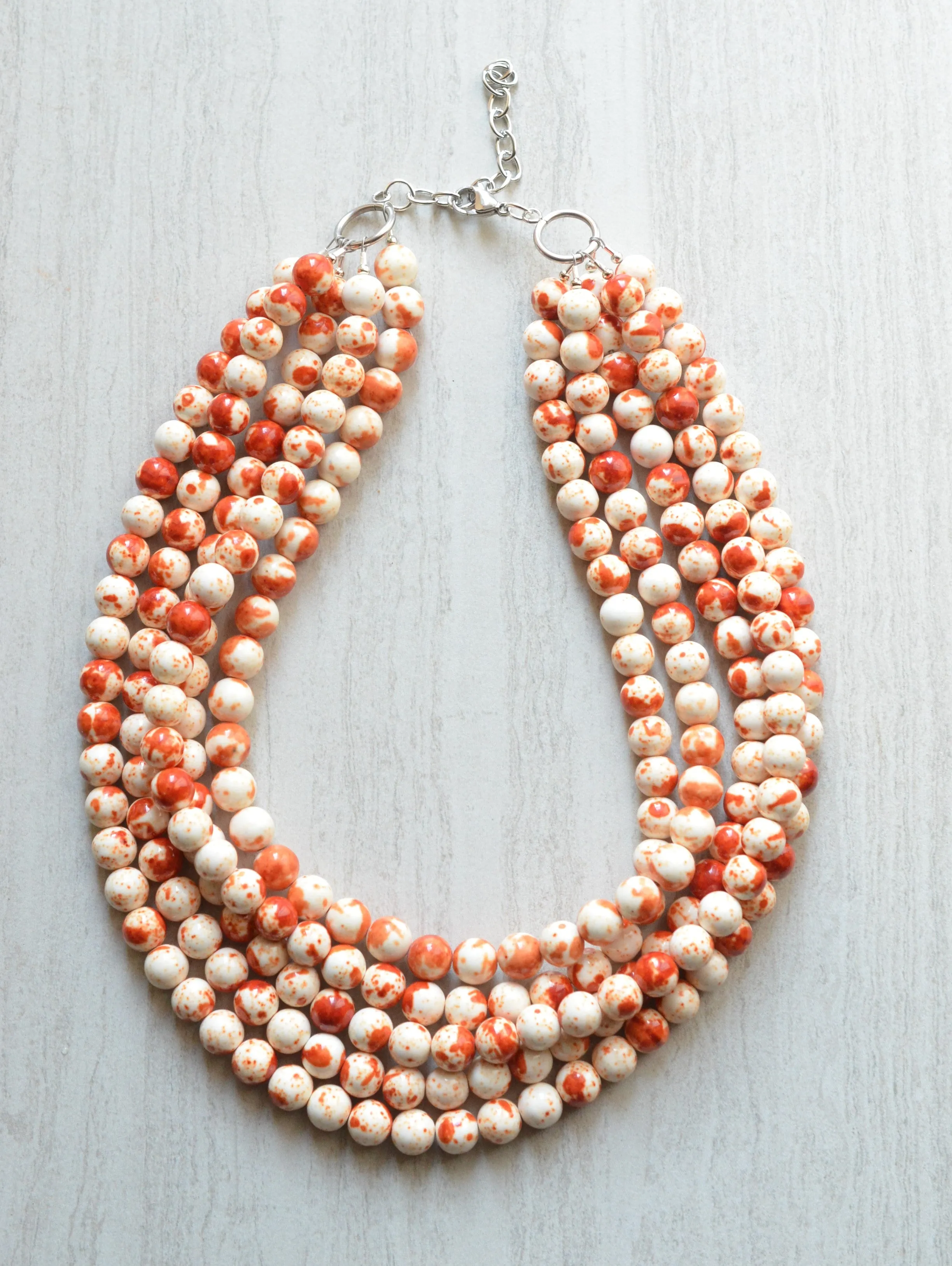 Orange White Statement Beaded Chunky Multi Strand Stone Necklace - Alana