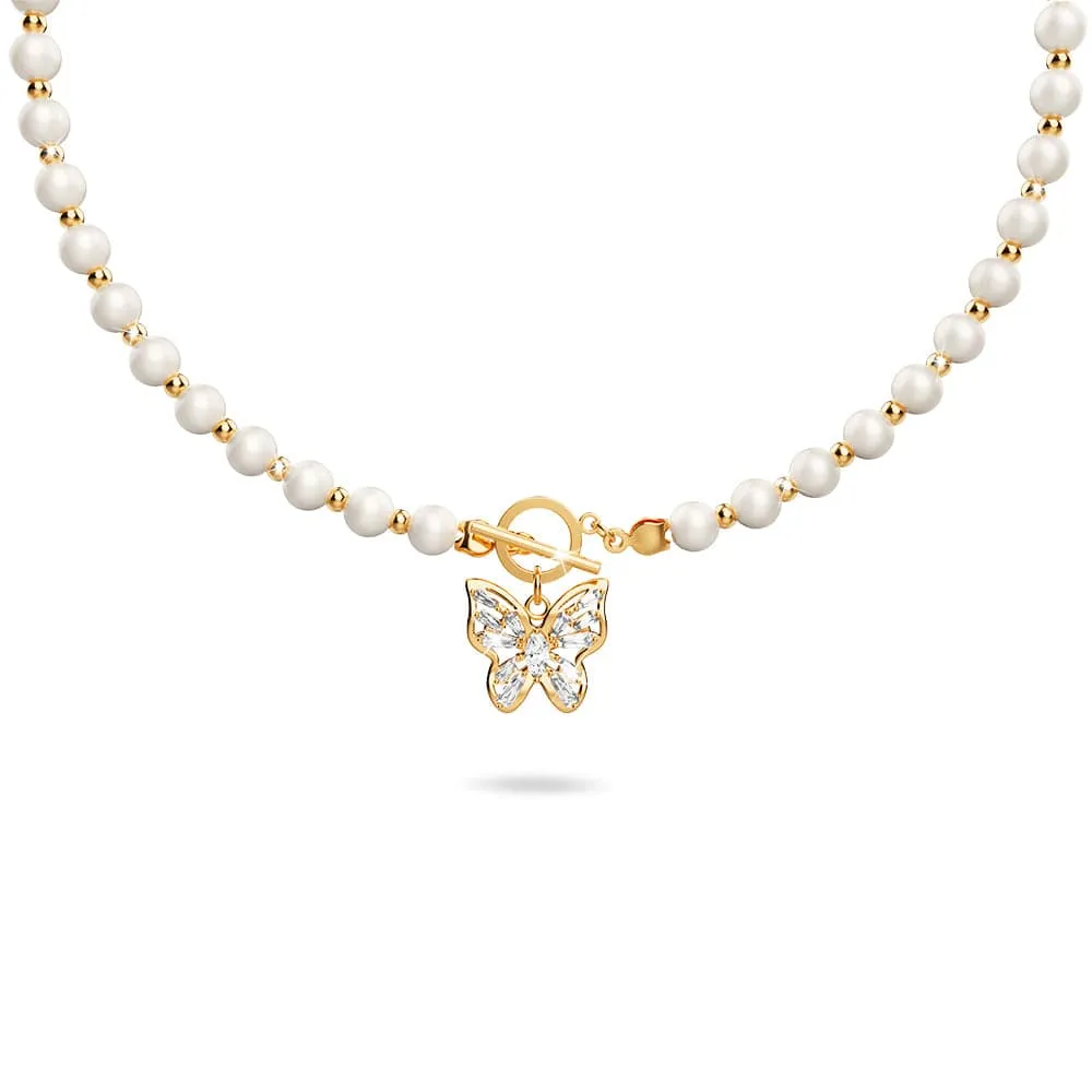 Pearl Butterfly Toggle Closure Choker Necklace in Gold