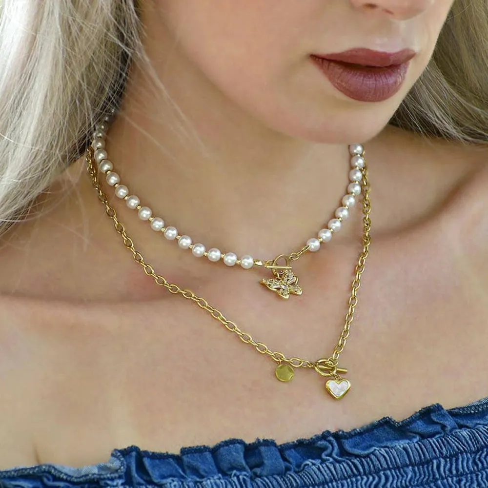 Pearl Butterfly Toggle Closure Choker Necklace in Gold