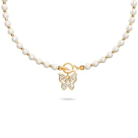 Pearl Butterfly Toggle Closure Choker Necklace in Gold