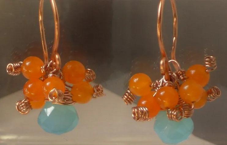 Peruvian Blue Chalcedony Briolette Drops Orange Jade Hand Welded Copper Hooks Earrings