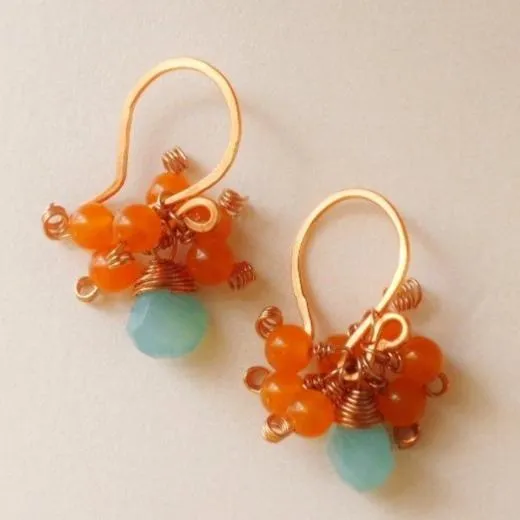 Peruvian Blue Chalcedony Briolette Drops Orange Jade Hand Welded Copper Hooks Earrings