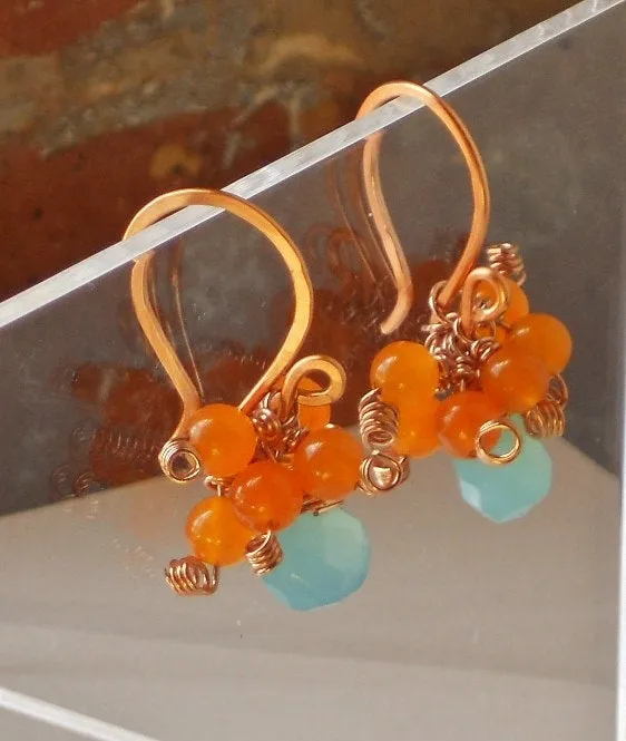 Peruvian Blue Chalcedony Briolette Drops Orange Jade Hand Welded Copper Hooks Earrings