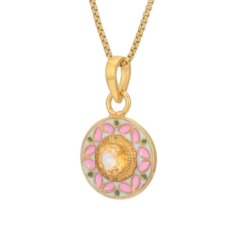 Pink Enamel & Citrine Pendant Necklace