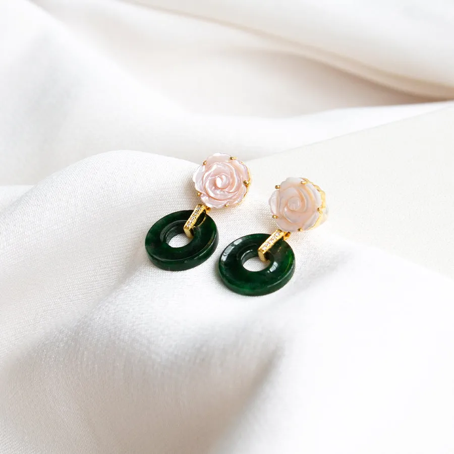 Pink Mother of Pearl Flower With Jade Donut 18K Gold Earrings