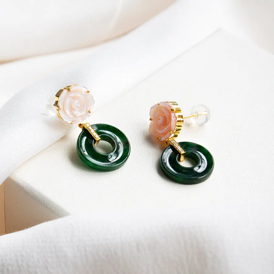 Pink Mother of Pearl Flower With Jade Donut 18K Gold Earrings