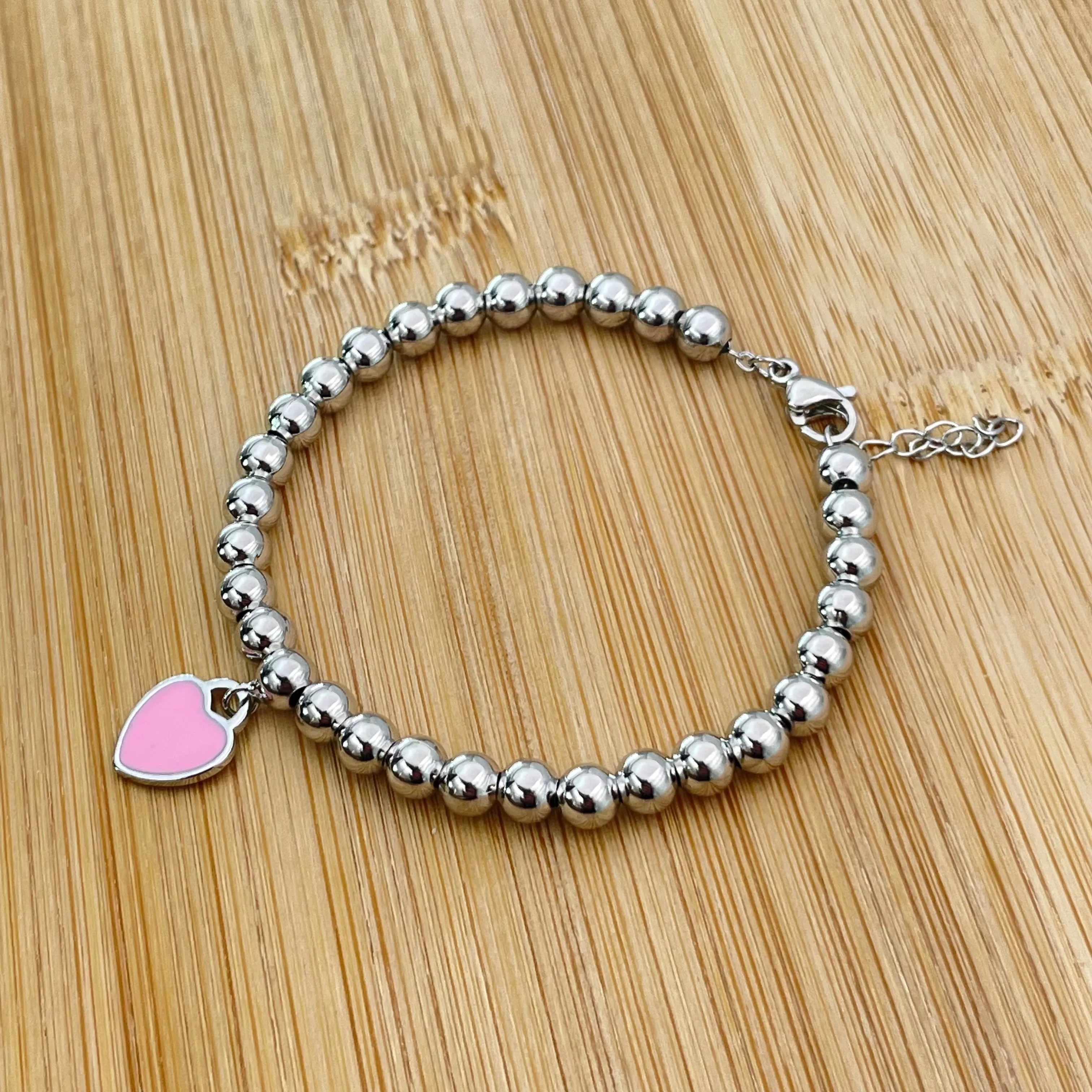 Pink Onyx Beaded Heart Charm Bracelet