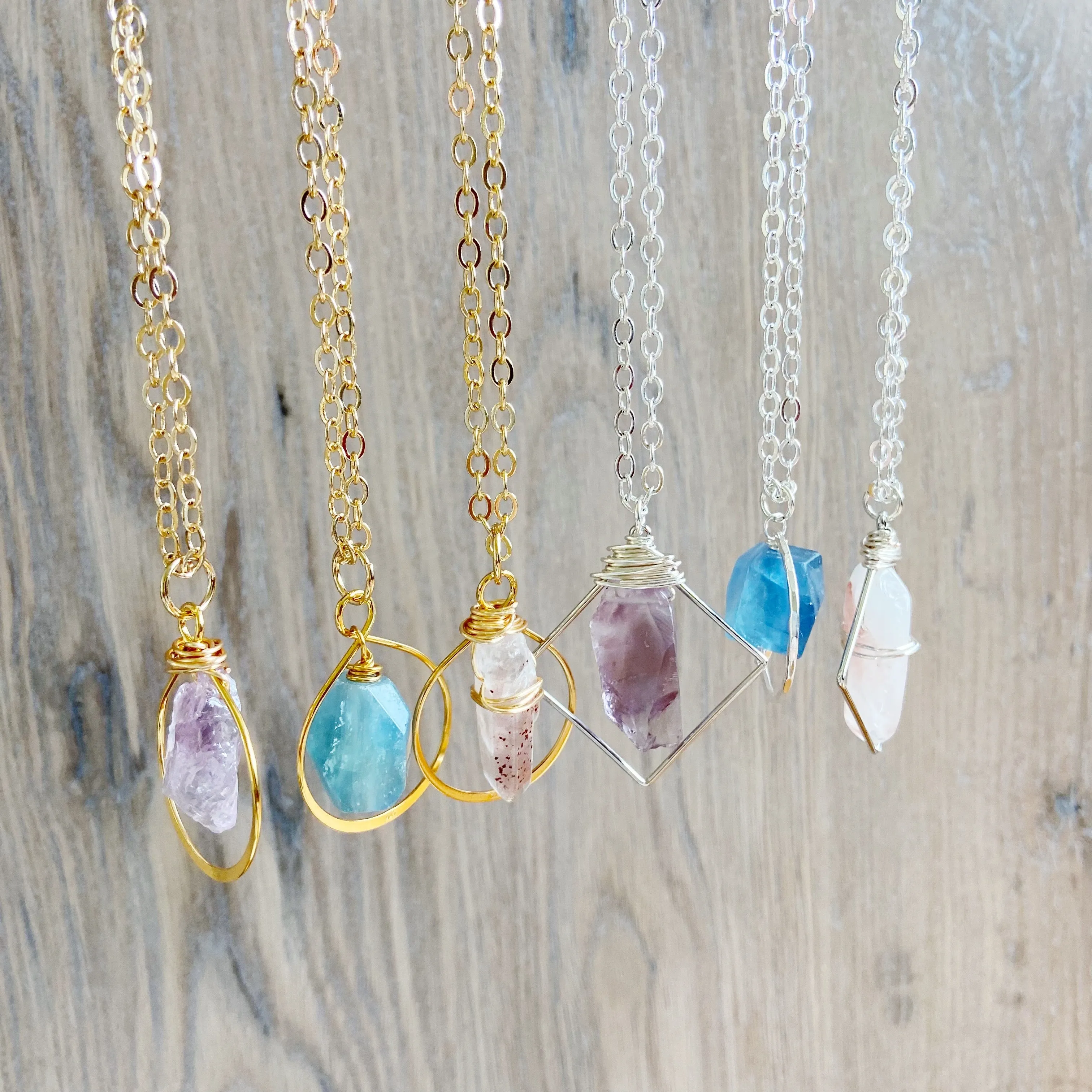 Polished Gemstone Geometric Pendant in Silver or Gold