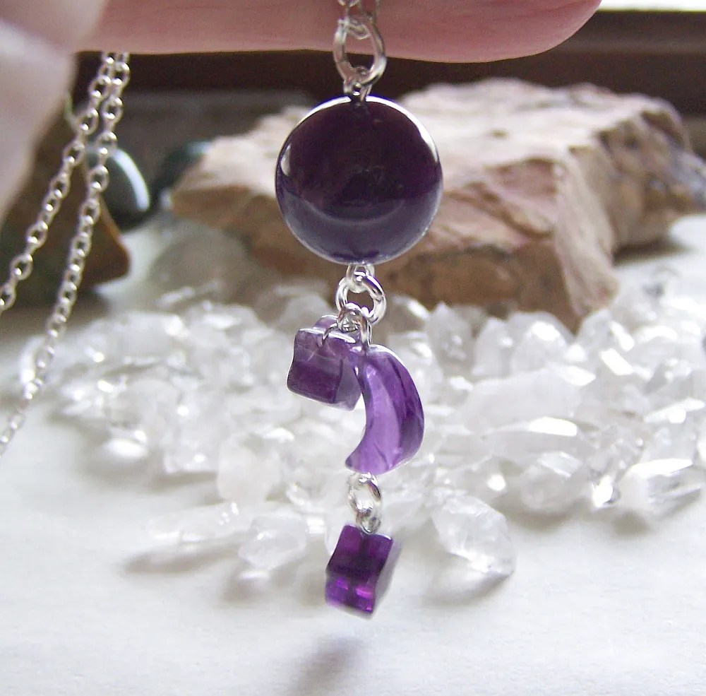 Purple Amethyst Crystal Ball Moon and Stars Pendant