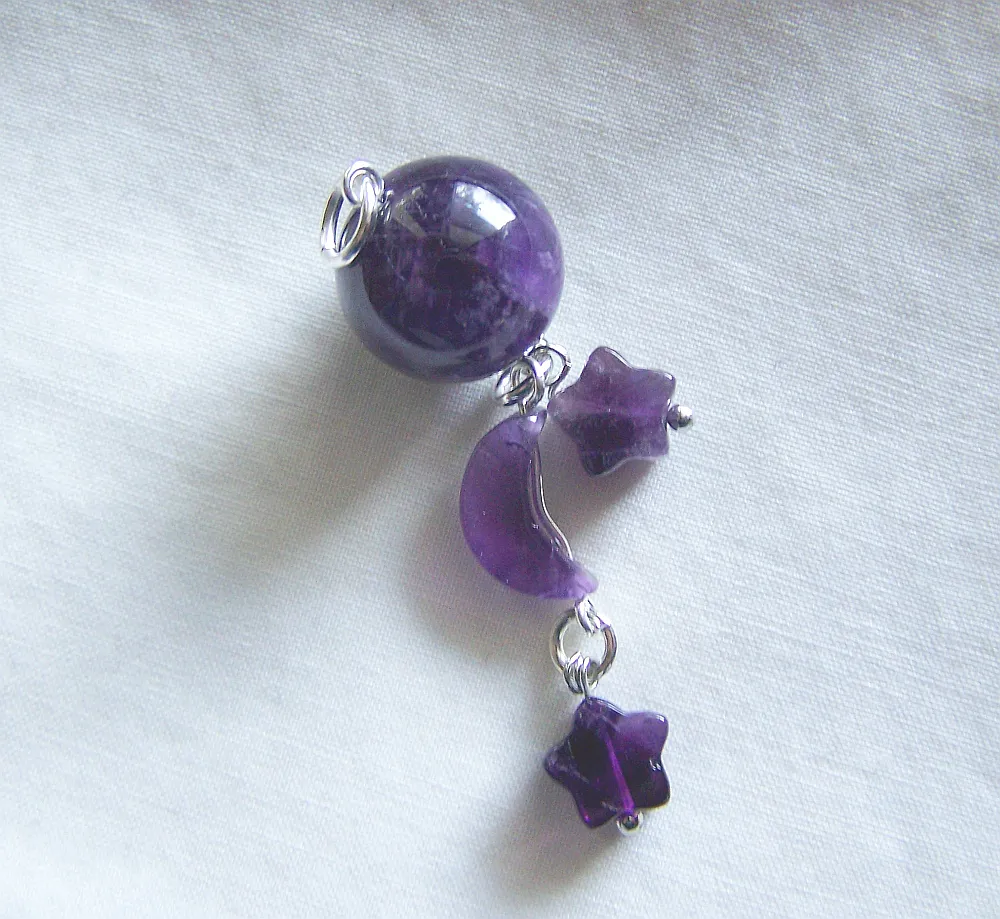 Purple Amethyst Crystal Ball Moon and Stars Pendant