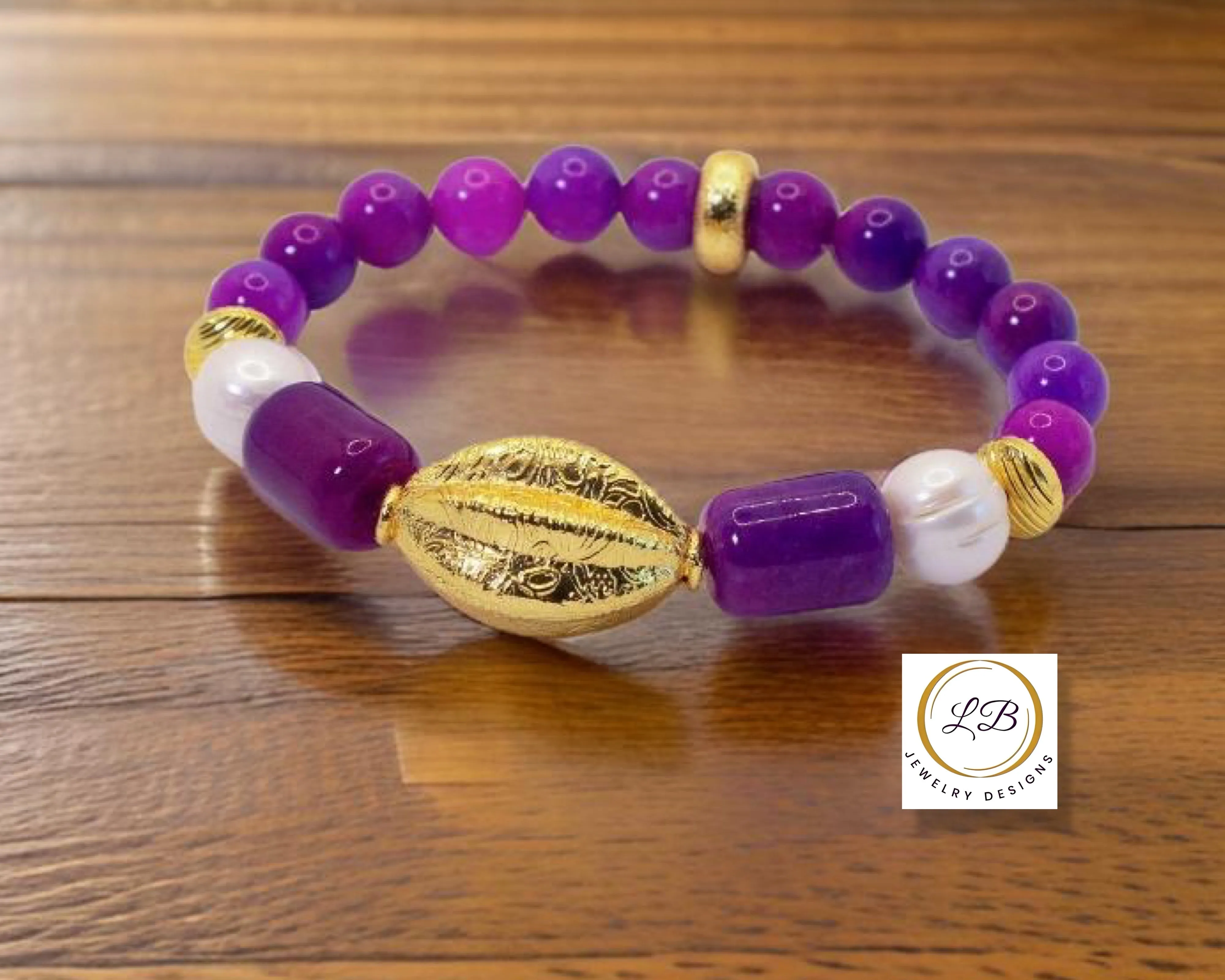 Purple Sugilite & Baroque Pearl Gemstone Gold Vermeil Melon-Shaped Bali Beaded Bracelet