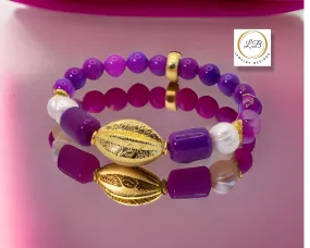 Purple Sugilite & Baroque Pearl Gemstone Gold Vermeil Melon-Shaped Bali Beaded Bracelet