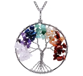 Rainbow Tree of Life Necklace Crystal Charm Gold Kabbalah Reiki Healing Jewelry Jewish Merkaba Yoga Meditation Jewelry Buddhist Silver Tree of Life Chain