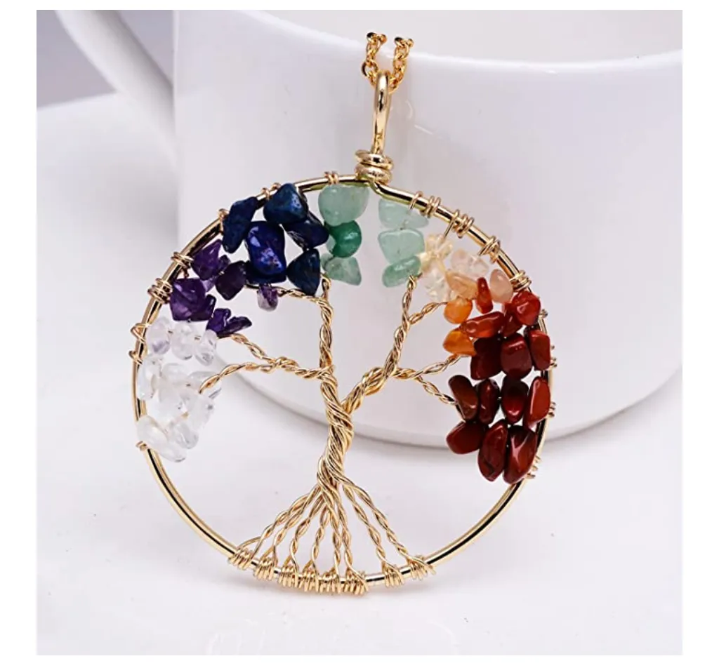 Rainbow Tree of Life Necklace Crystal Charm Gold Kabbalah Reiki Healing Jewelry Jewish Merkaba Yoga Meditation Jewelry Buddhist Silver Tree of Life Chain