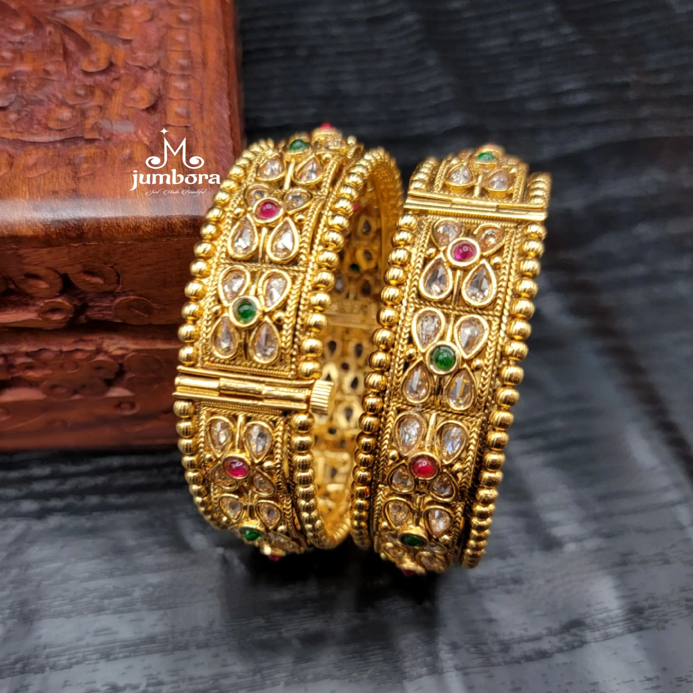 Rajwadi Gold Finish Openable Polki Bangle