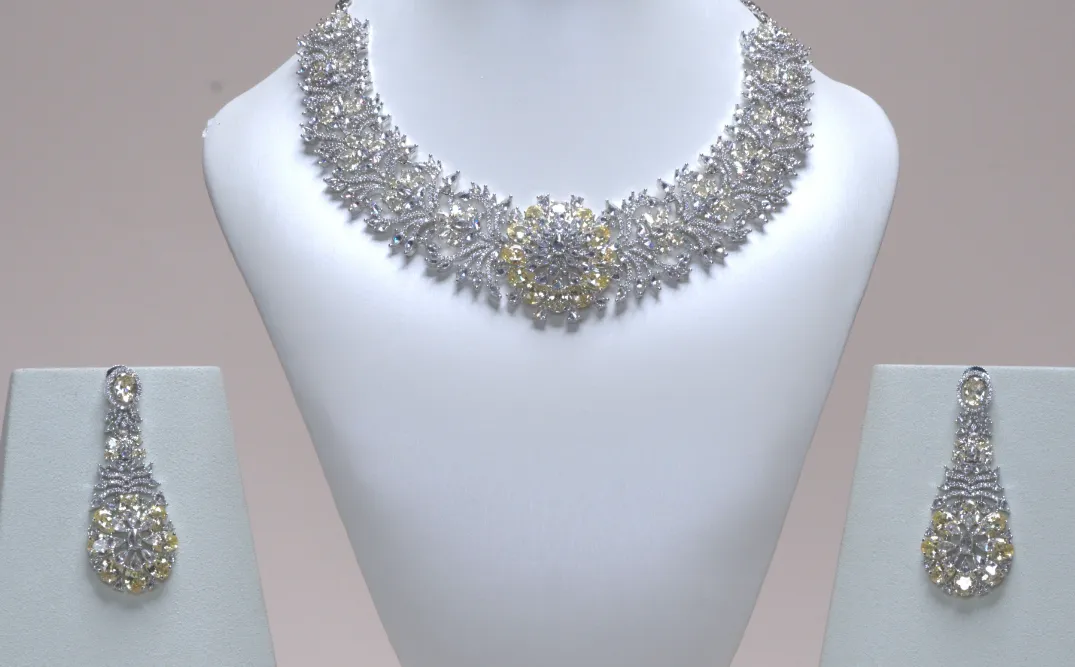 Rani Yellow Citrine White Gold Luxury Necklace & Earring Set By Jaipur Rose Luxury Indian Jewelry Online