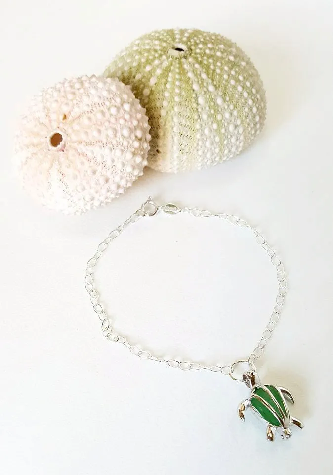 Real Sea Glass And Turtle Anklet In Green And Sterling Silver