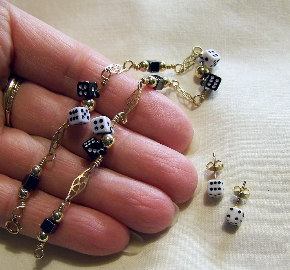 Retro Vintage Black and White Dice GF Bracelet and Earrings Set