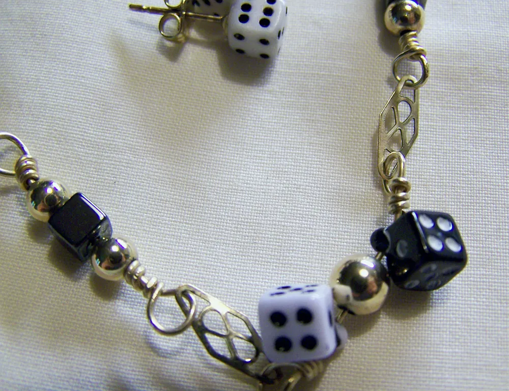 Retro Vintage Black and White Dice GF Bracelet and Earrings Set